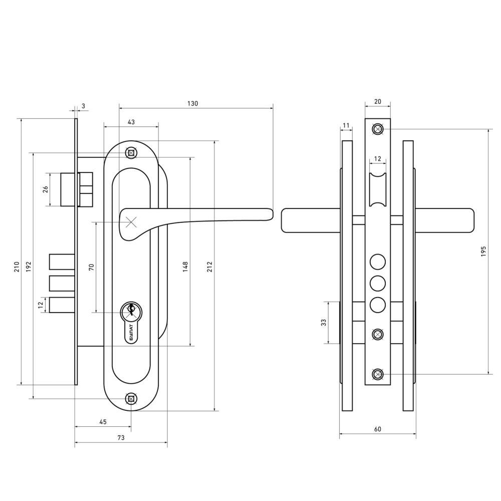 Замок врезной с ручкой размеры