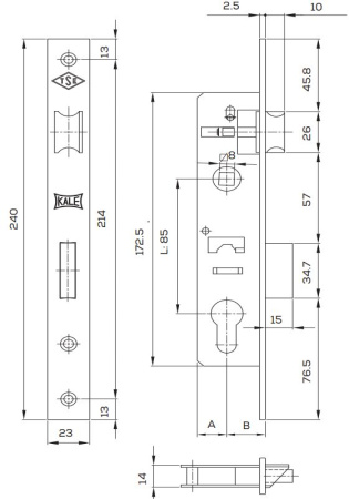 Замок врезной цилиндровый узкопрофильный KALE KILIT 153,85BS20,23NP,w/o SP,w/o Ros,STB