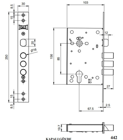 Замок врезной цилиндровый KALE KILIT 442,85BS67,5,30CP,w/o SP, w/o Ros,PB 