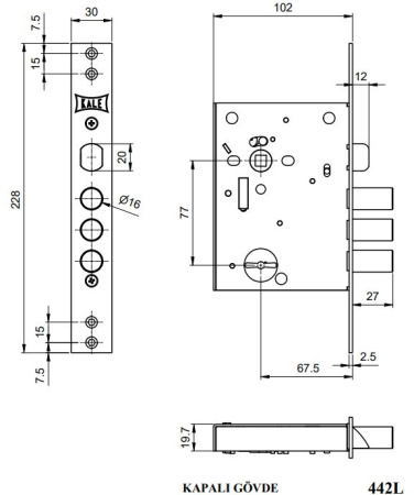 Замок врезной сувальдный KALE KILIT 442L,77BS67,5,30CP,5K(60mm),w/o SP,w/o Ros,PB